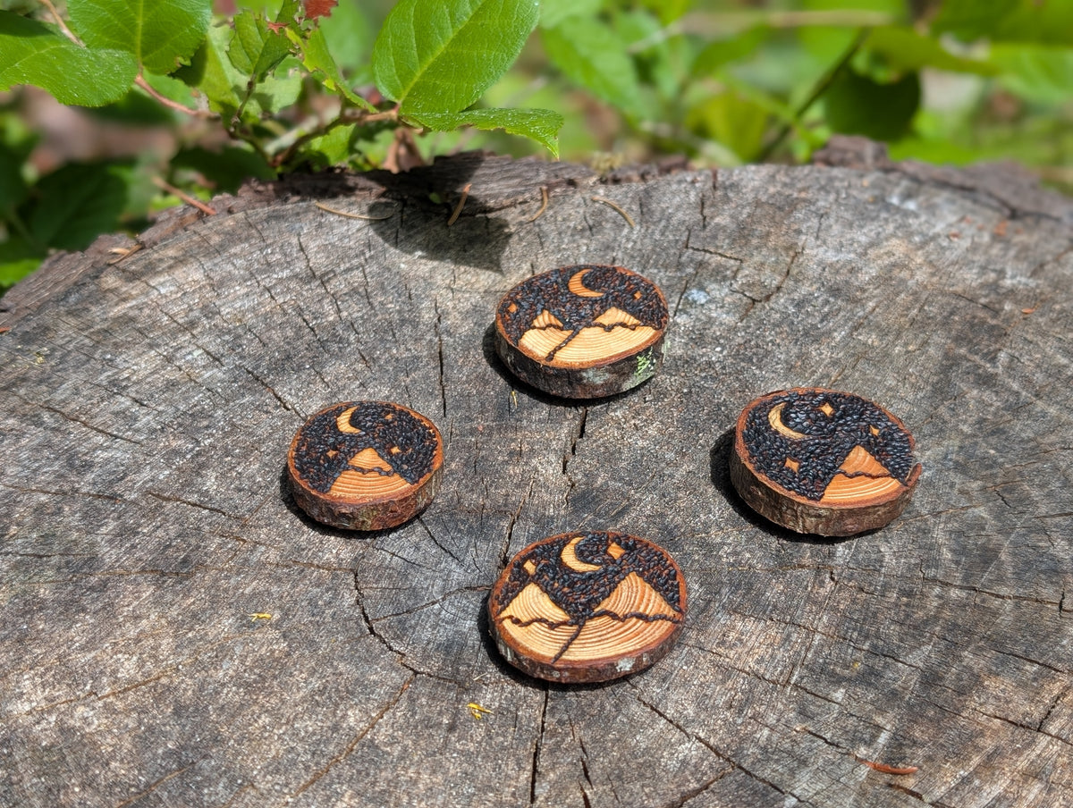 Hand Burned Moon and Mountain Wooden Magnet