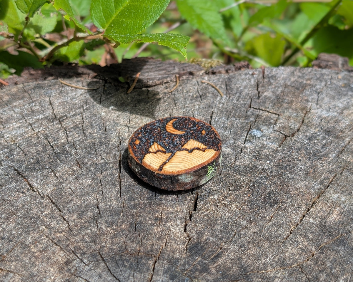 Hand Burned Moon and Mountain Wooden Magnet