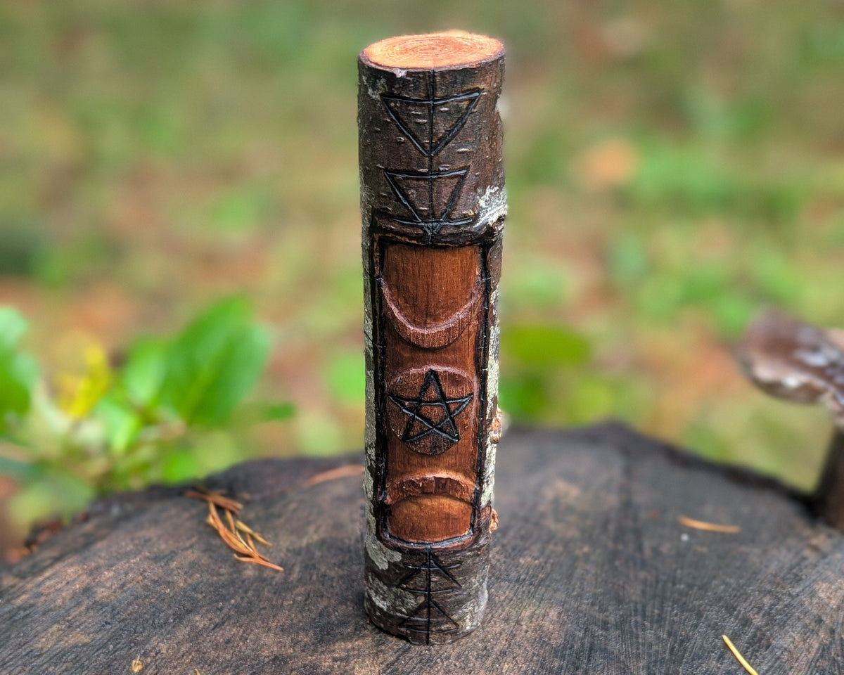 Triple Moon Hand Carved Wooden Totem