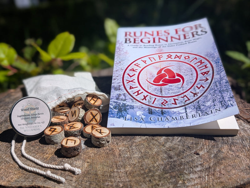 Handcrafted Raw Elder Futhark Rune Set with Wood Shield (1/2 oz) and Runes for Beginners Book Bundle