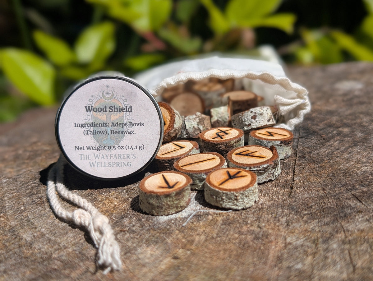 Handcrafted Raw Elder Futhark Rune Set with Wood Shield (1/2 oz) Bundle