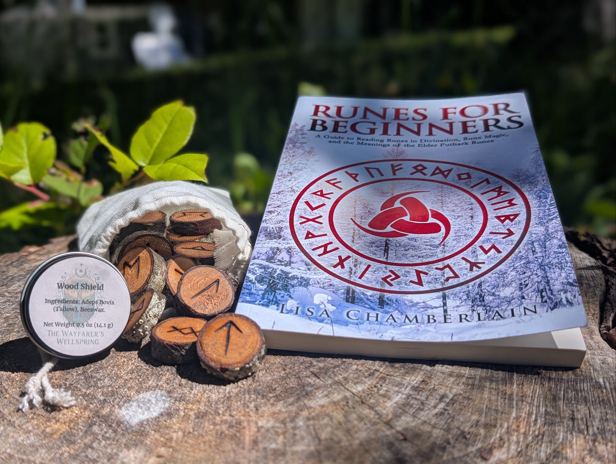 Handcrafted Sealed Elder Futhark Rune Set with Wood Shield (1/2 oz) and Runes for Beginners Book Bundle