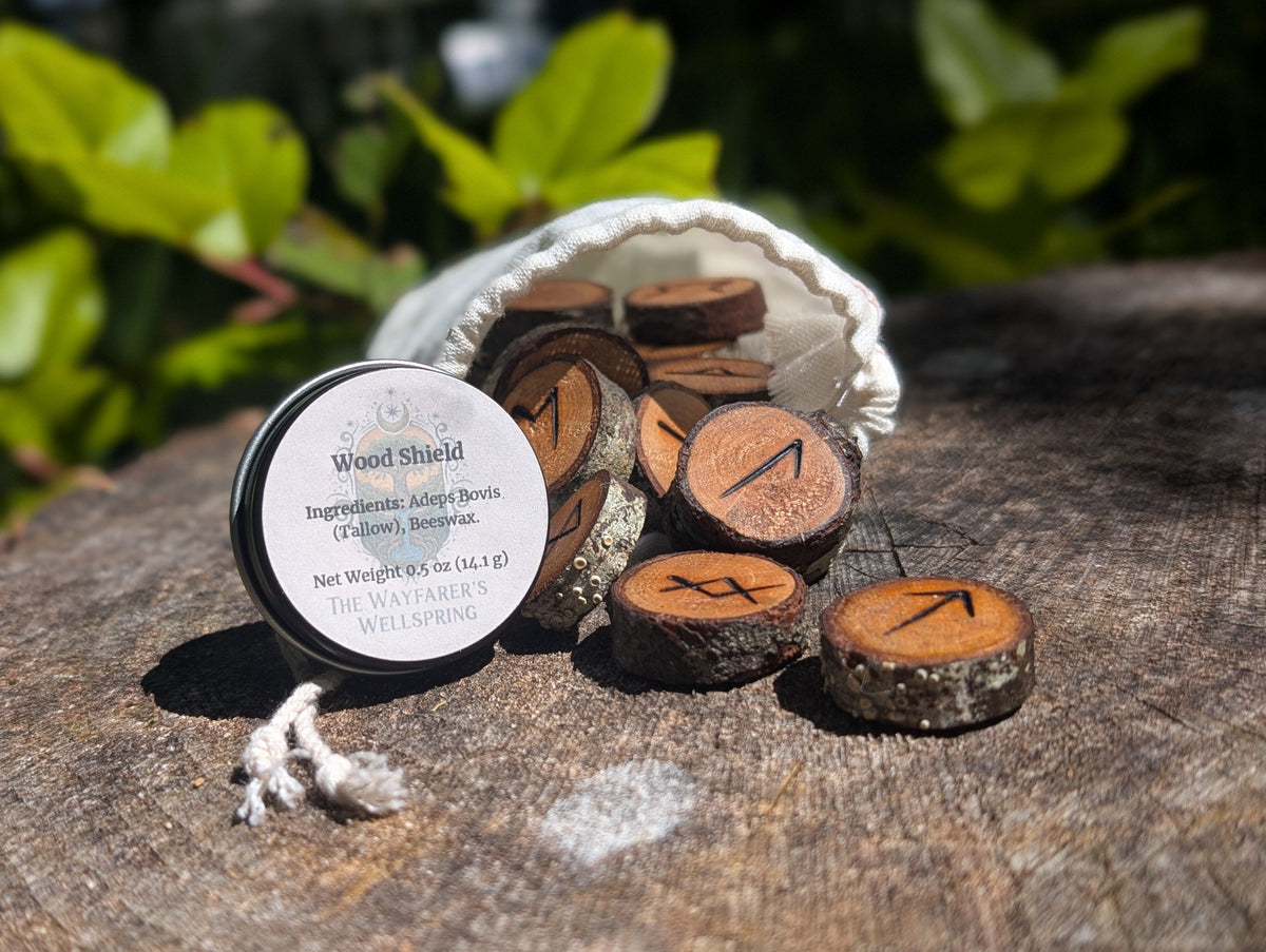 Handcrafted Sealed Elder Futhark Rune Set with Wood Shield (1/2 oz) Bundle
