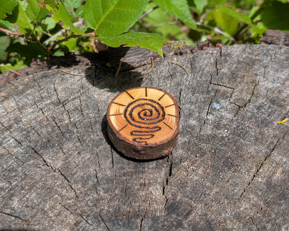 Hand Burned Sun Spiral Wooden Magnet