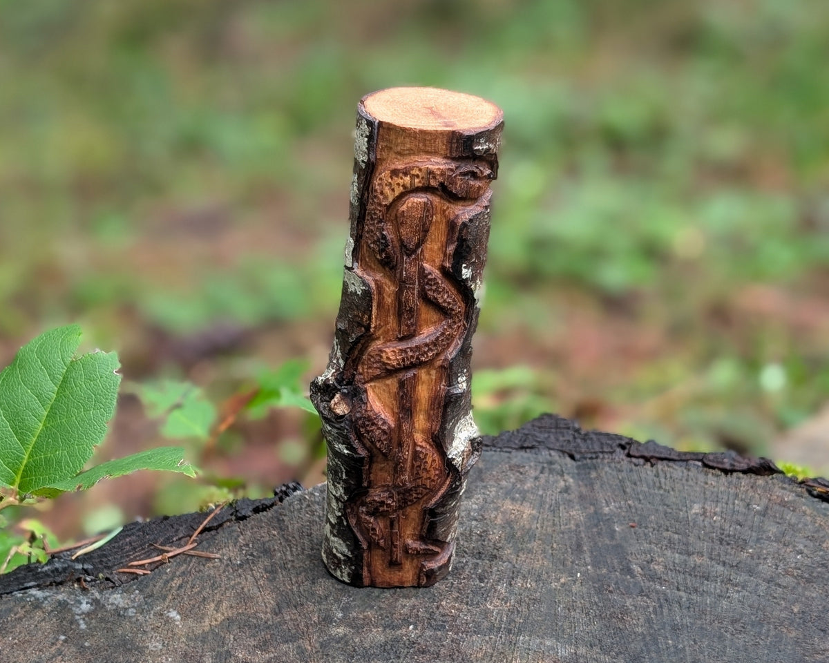 Aesclepius Wand Hand Carved Wooden Totem